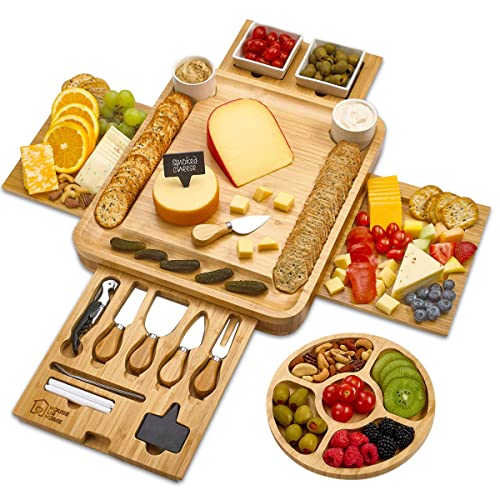 Cheese Board - 2 Ceramic Bowls 2 Serving Plates. Magnetic 4 Drawers Bamboo Charcuterie Cutlery Knife Set, Round Tray, 2 Forks, Wine Opener, Labels, Markers, Gift for Birthdays, Weddings, Housewarming