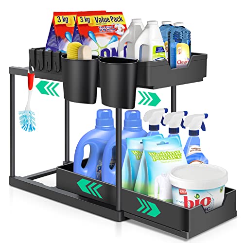 VTVTKK Double Sliding Cabinet Organizer Drawer, Under Sink Organizers and Storage, 2 Tier Under Sink Organizer with 4 Hooks, 2 Hanging Cups, Bathroom Cabinet Organizer for Kitchen Bathroom Cabinet