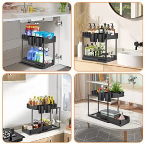 VTVTKK Double Sliding Cabinet Organizer Drawer, Under Sink Organizers and Storage, 2 Tier Under Sink Organizer with 4 Hooks, 2 Hanging Cups, Bathroom Cabinet Organizer for Kitchen Bathroom Cabinet