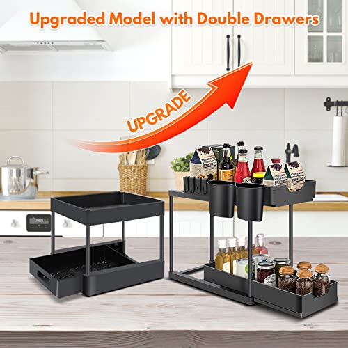 VTVTKK Double Sliding Cabinet Organizer Drawer, Under Sink Organizers and Storage, 2 Tier Under Sink Organizer with 4 Hooks, 2 Hanging Cups, Bathroom Cabinet Organizer for Kitchen Bathroom Cabinet