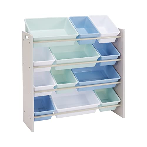 Amazon Basics Kids Toy Storage Organizer with 12 Plastic Bins - Grey Wood with Blue Bins