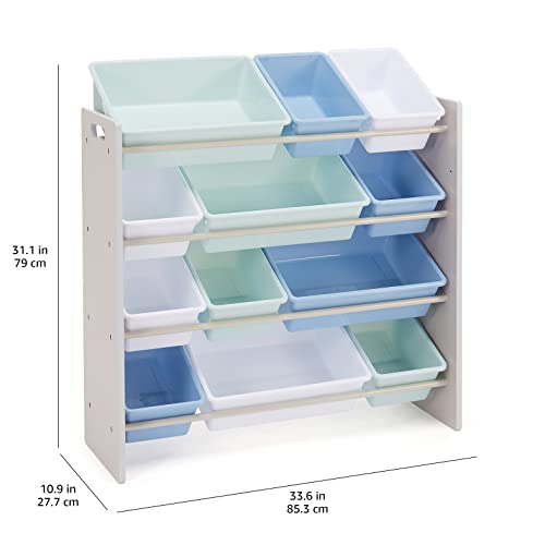 Amazon Basics Kids Toy Storage Organizer with 12 Plastic Bins - Grey Wood with Blue Bins