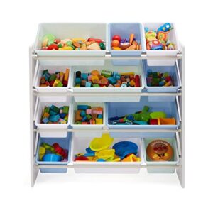 Amazon Basics Kids Toy Storage Organizer with 12 Plastic Bins - Grey Wood with Blue Bins