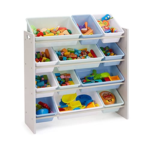 Amazon Basics Kids Toy Storage Organizer with 12 Plastic Bins - Grey Wood with Blue Bins