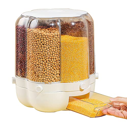 NBHH 32Lbs Rice Grain Dispenser, 360° Rotating Grain Storage Food Dispenser,6 Grids Rotating Cereal Grain Kitchen Storage Container Rotatable Sealed Grain for All Beans, Barley, Millet