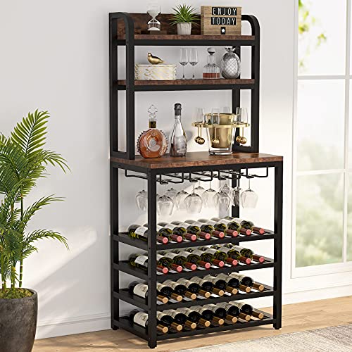 Tribesigns 32 Bottle Wine Rack Freestanding Floor, 7-Tier Wine Storage Display Shelves with Glass Holder, Wine Bar Cabinet Bottle Holder Organizer Stand for Kitchen Bar Dining Room (Rustic Brown)