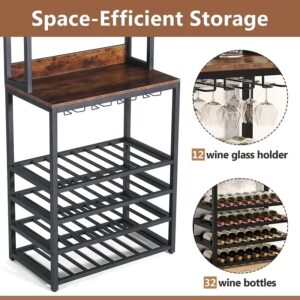 Tribesigns 32 Bottle Wine Rack Freestanding Floor, 7-Tier Wine Storage Display Shelves with Glass Holder, Wine Bar Cabinet Bottle Holder Organizer Stand for Kitchen Bar Dining Room (Rustic Brown)