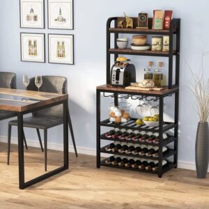 Tribesigns 32 Bottle Wine Rack Freestanding Floor, 7-Tier Wine Storage Display Shelves with Glass Holder, Wine Bar Cabinet Bottle Holder Organizer Stand for Kitchen Bar Dining Room (Rustic Brown)