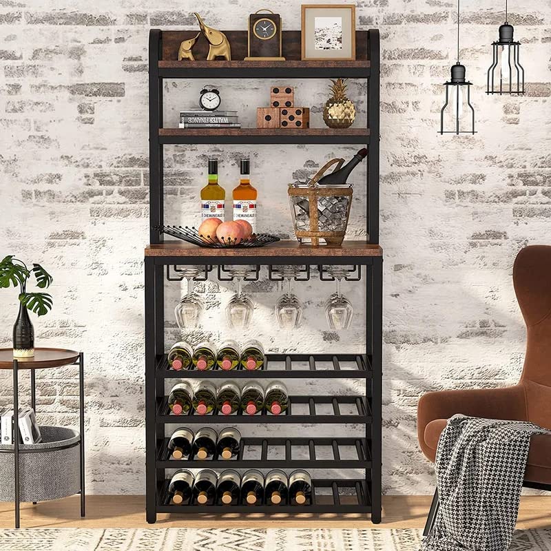 Tribesigns 32 Bottle Wine Rack Freestanding Floor, 7-Tier Wine Storage Display Shelves with Glass Holder, Wine Bar Cabinet Bottle Holder Organizer Stand for Kitchen Bar Dining Room (Rustic Brown)