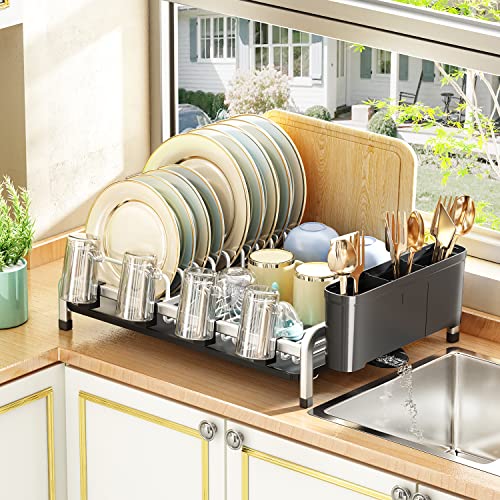 Aluminum Dish Drying Rack, Large Dish Rack and Drainboard Set, Utensil Holder, Multifunctional Anti-rust Dish Drainers for Kitchen Counter with Cup and Cutting Board Holder for Various Kitchenware