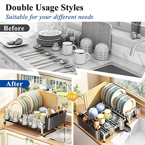 Aluminum Dish Drying Rack, Large Dish Rack and Drainboard Set, Utensil Holder, Multifunctional Anti-rust Dish Drainers for Kitchen Counter with Cup and Cutting Board Holder for Various Kitchenware