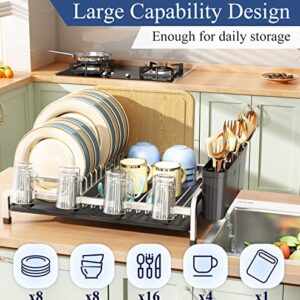 Aluminum Dish Drying Rack, Large Dish Rack and Drainboard Set, Utensil Holder, Multifunctional Anti-rust Dish Drainers for Kitchen Counter with Cup and Cutting Board Holder for Various Kitchenware