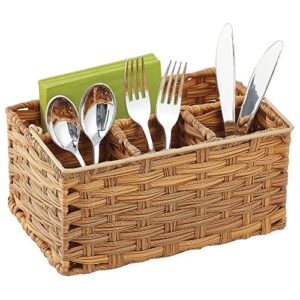 mdesign plastic woven divided cutlery storage organizer caddy tote; basket holder for kitchen table, cabinet, pantry – holds silverware, forks, knives, spoons, napkins and other utensils – camel brown
