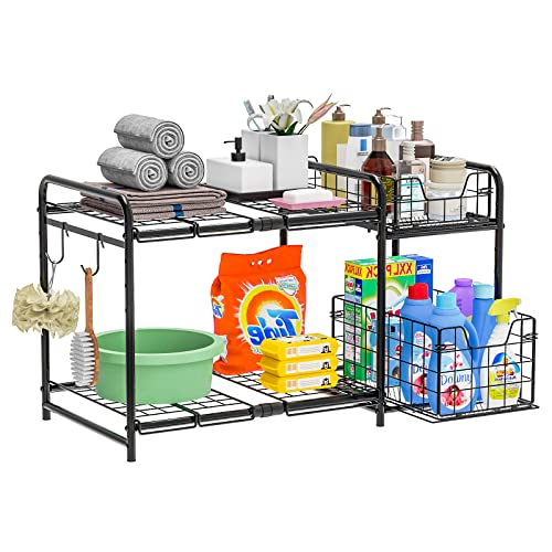 Under Sink Organizers and Storage, Zitaloken Bathroom Cabinet Organizer with Pull Out Drawer & Expandable Shelf, Kitchen Sink Organizer Metal Rack with Non-slip Feet, Matte Black