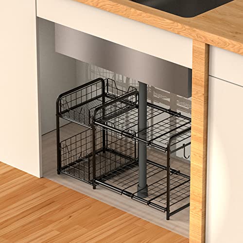 Under Sink Organizers and Storage, Zitaloken Bathroom Cabinet Organizer with Pull Out Drawer & Expandable Shelf, Kitchen Sink Organizer Metal Rack with Non-slip Feet, Matte Black