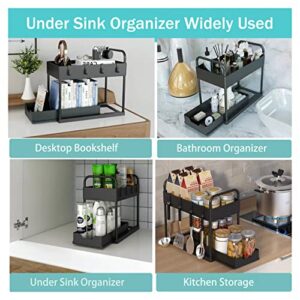 EWQKPEL 2 Tier Under Sink Organizers and Storage, Sliding Drawer Bathroom Kitchen Sink Organizer with 4 Hooks 2 Handles, Multi-purpose Under Cabinet Shelf, Bath Collection Basket