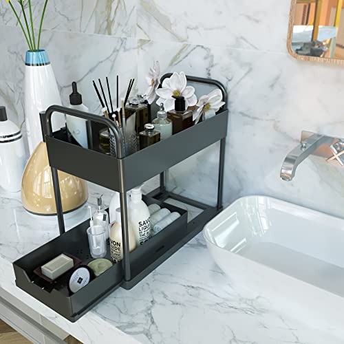 EWQKPEL 2 Tier Under Sink Organizers and Storage, Sliding Drawer Bathroom Kitchen Sink Organizer with 4 Hooks 2 Handles, Multi-purpose Under Cabinet Shelf, Bath Collection Basket