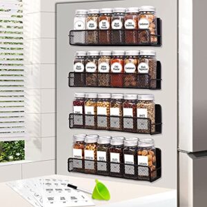 churboro 4 pack magnetic spice rack organizer with 24 glass spice jars-moveable magnetic shelf for refrigerator- 4 oz spice containers with labels, medium, metal black