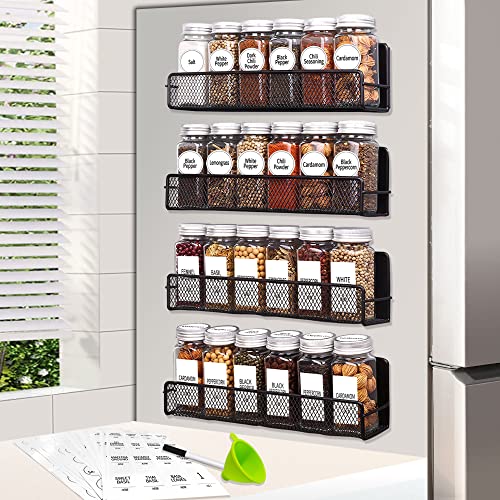 Churboro 4 Pack Magnetic Spice Rack Organizer with 24 Glass Spice Jars-Moveable Magnetic Shelf for Refrigerator- 4 oz Spice Containers with Labels, Medium, Metal Black