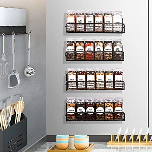 Churboro 4 Pack Magnetic Spice Rack Organizer with 24 Glass Spice Jars-Moveable Magnetic Shelf for Refrigerator- 4 oz Spice Containers with Labels, Medium, Metal Black