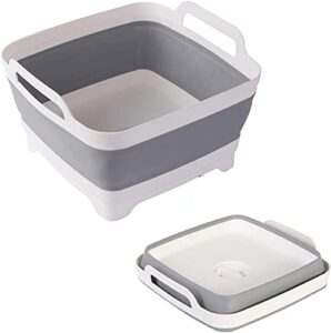 dish basin collapsible with drain plug carry handles, foldable sink tub, dish wash basin, portable dish tub, collapsible dishpan for camping dish washing tub and rv sink (9.3l capacity) (grey)