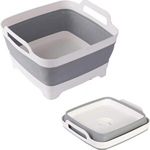 Dish Basin Collapsible with Drain Plug Carry Handles, Foldable Sink Tub, Dish Wash Basin, Portable Dish Tub, Collapsible Dishpan for Camping Dish Washing Tub and RV Sink (9.3L Capacity) (Grey)