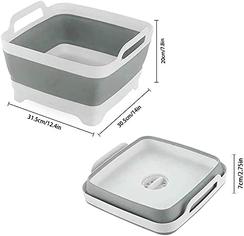 Dish Basin Collapsible with Drain Plug Carry Handles, Foldable Sink Tub, Dish Wash Basin, Portable Dish Tub, Collapsible Dishpan for Camping Dish Washing Tub and RV Sink (9.3L Capacity) (Grey)