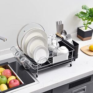 TOOLF Dish Drying Rack, Expandable Stainless Steel Dish Rack with Drainboard Set Kitchen Sink Organizer for Counter, Large Capacity Kitchen Accessories with 360° Swivel Spout