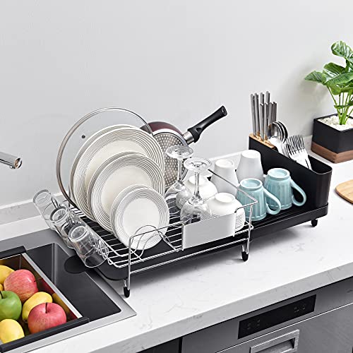 TOOLF Dish Drying Rack, Expandable Stainless Steel Dish Rack with Drainboard Set Kitchen Sink Organizer for Counter, Large Capacity Kitchen Accessories with 360° Swivel Spout