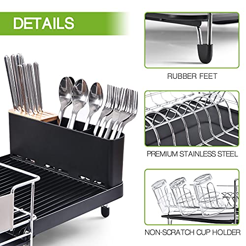 TOOLF Dish Drying Rack, Expandable Stainless Steel Dish Rack with Drainboard Set Kitchen Sink Organizer for Counter, Large Capacity Kitchen Accessories with 360° Swivel Spout