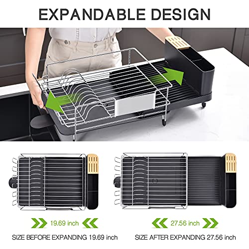 TOOLF Dish Drying Rack, Expandable Stainless Steel Dish Rack with Drainboard Set Kitchen Sink Organizer for Counter, Large Capacity Kitchen Accessories with 360° Swivel Spout