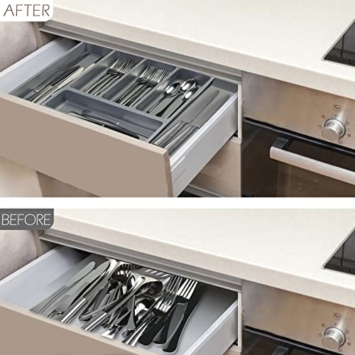 KAKUNM Adjustable Silverware Organizer | Cutlery Utensil Organizer Silverware Tray for Drawer Apartment Essentials, Convenient Flatware Kitchen Organization and Storage for Spoon Knife, Gray