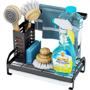 kitchen sink caddy sponge holder – ispecle sink organizer with brush holder drain pan tray, dishrag dishcloth holder storage kitchen accessories, black