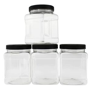 32oz square plastic jars (4-pack, quart); clear rectangular 4-cup canisters w/black lids, easy-grip side