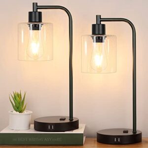 industrial touch control table lamps set of 2 – black bedside lamps with 2 usb ports and ac outlet, 3-way dimmable nightstand desk lamp for bedroom living room, glass shade & 2 led bulbs included