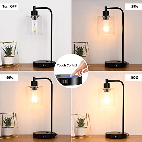 Industrial Touch Control Table Lamps Set of 2 - Black Bedside Lamps with 2 USB Ports and AC Outlet, 3-Way Dimmable Nightstand Desk Lamp for Bedroom Living Room, Glass Shade & 2 LED Bulbs Included