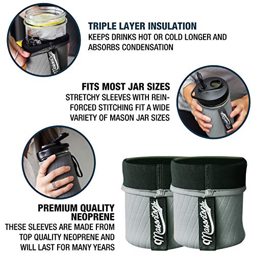 Masontops Wide Mouth Mason Jar Neoprene Sleeves - Gray - Triple Insulated Cozy - 2 Sleeves Cover 16-24 oz & Quart Sizes