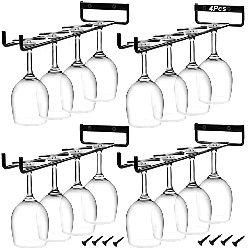 4Pcs Stemware Wine Glass Rack Wall Mountable, Metal Wine Glasses Holder Under Cabinet Organization, Hanging Wine Cup Display Stand for Cabinet Kitchen Bar (Black)