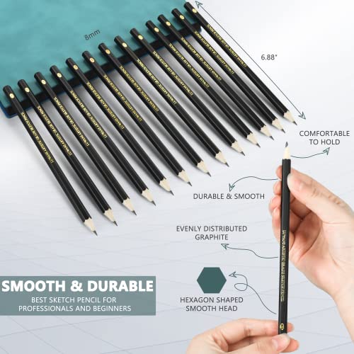 Drawing Pencils Set of 14 (B - 12B) Sketching Pencils for Drawing, Shading & Doodling | Professional Sketch Pencils Graphite Grades for Artists & Beginners