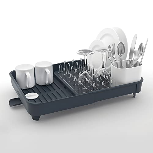 Joseph Joseph 85040 Extend Expandable Dish Drying Rack and Drainboard Set Foldaway Integrated Spout Drainer Removable Steel Rack and Cutlery Holder, Gray