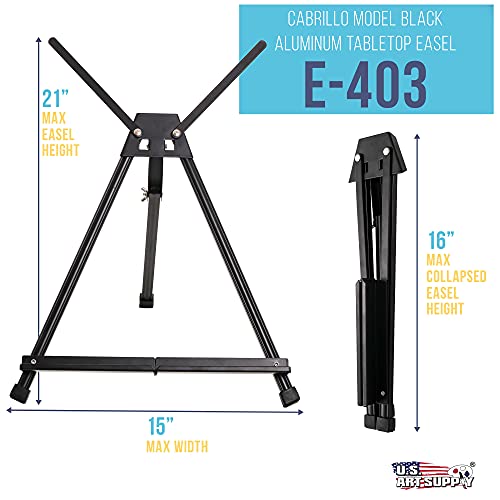 U.S. Art Supply 15" to 21" High Adjustable Black Aluminum Tabletop Display Easel with Extension Arm Wings - Portable Artist Tripod Folding Frame Stand - Holds Canvas, Paintings, Books, Photos, Signs