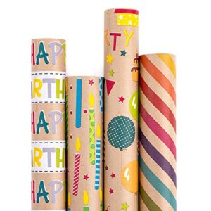 ruspepa wrapping paper kraft paper – colorful birthday wrap design – 4 rolls – 30 inches x 10 feet per roll