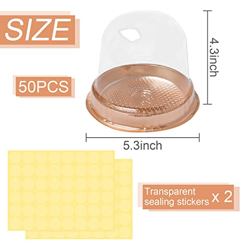 wexpw Clear Plastic Cupcake Box Container, 50 Pack Single Cupcake Dome Box Carriers Giant Individual Cupcake Holders Golden Plastic Cookies Muffins Dome Box with Seal Stickers