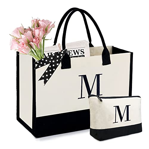 BeeGreen Initial Canvas Tote Bag with Makeup Bag Monogram Tote Bags for Women w Removable Bottom Personalized Gifts for Friends Birthday Teacher Mother Hostess Wedding Bridesmaid Letter M