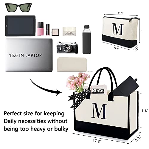 BeeGreen Initial Canvas Tote Bag with Makeup Bag Monogram Tote Bags for Women w Removable Bottom Personalized Gifts for Friends Birthday Teacher Mother Hostess Wedding Bridesmaid Letter M