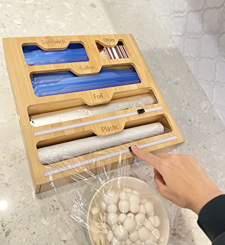 5 in 1 Ziplock Bag Organizer for Drawer - Easy to Use Plastic & Aluminum Foil Wrap Dispenser With Cutter Made of Premium Quality Solid Bamboo - Compatible for Gallon, Quart, Sandwich & Snack Size