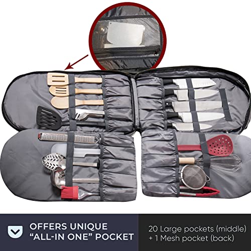 BOOBIKCHEF Knife Bag and Chef Backpack for Knives , Kitchen Tools, Durable Culinary Knife Backpack with 23 Padded Pockets, Knife Backpack and Waterproof Chef Bag, Knife Bags for Chefs in Grey (Fine)