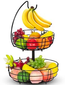 bextcok 2 tier fruit basket, vegetables fruit bowl storage with banana holder hanger hook stand organizer for kitchen countertop counter, black