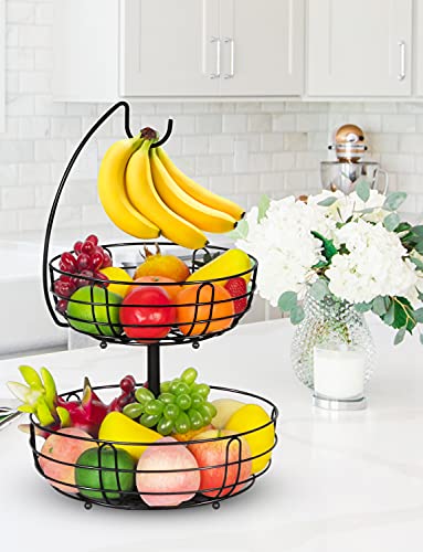 Bextcok 2 Tier Fruit Basket, Vegetables Fruit Bowl Storage with Banana Holder Hanger Hook Stand Organizer for Kitchen Countertop Counter, Black