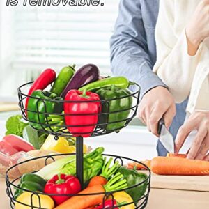 Bextcok 2 Tier Fruit Basket, Vegetables Fruit Bowl Storage with Banana Holder Hanger Hook Stand Organizer for Kitchen Countertop Counter, Black